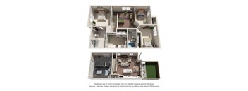 A 3D floor plan of a house with two bedrooms, a living room, a kitchen, and a bathroom.
