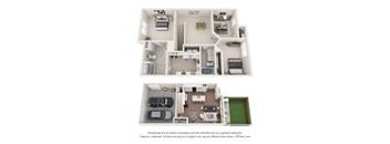 A 3D floor plan of a house with two bedrooms, a living room, a kitchen, a bathroom, and a garage.