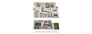 A 3D floor plan of a house with two bedrooms, a living room, a kitchen, a bathroom, and a garage.