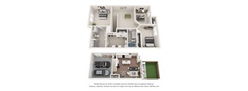 A 3D floor plan of a house with two bedrooms, a living room, a kitchen, a bathroom, and a garage.