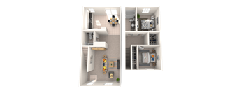 A 3D floor plan of a small apartment with two bedrooms and a living area.