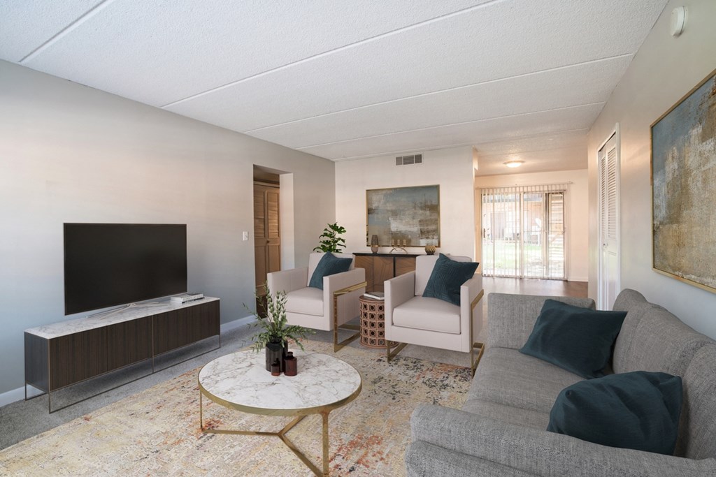 Living room in a pet-friendly community at Townsend Apartments in Jacksonville near Atlantic Beach, Florida.