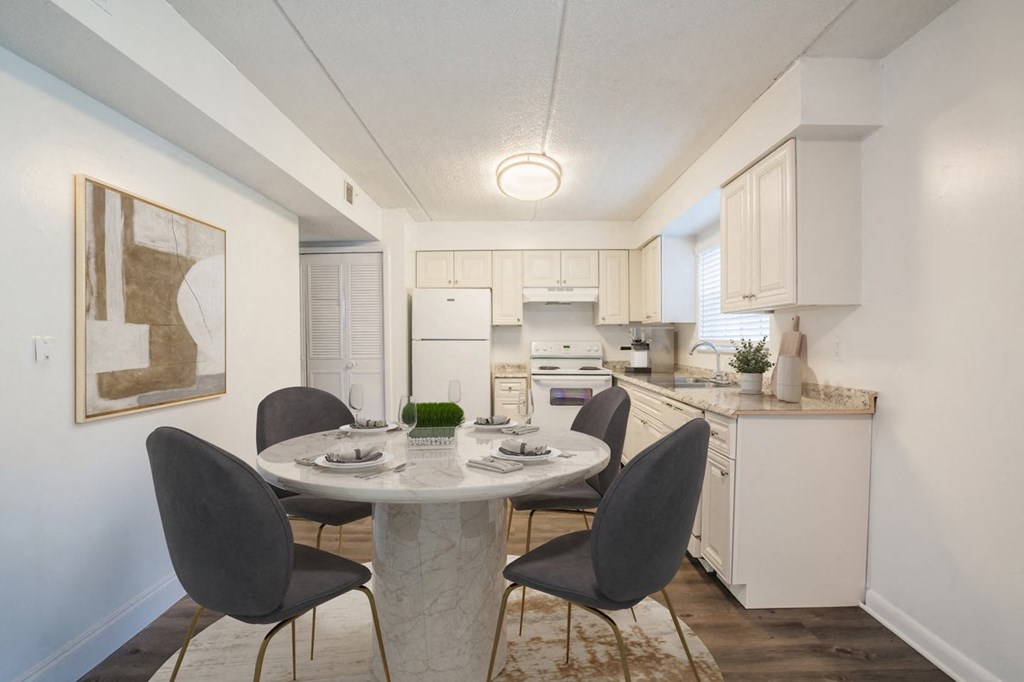 Dining room in an open-style kitchen at Townsend Apartments in Jacksonville near Atlantic Beach, Florida.