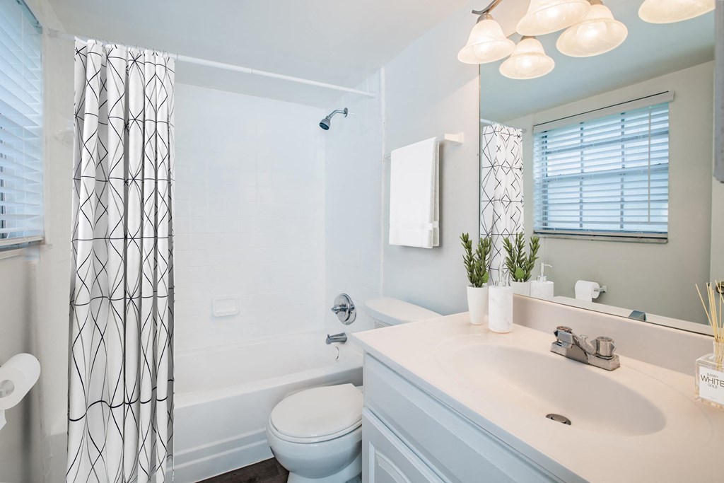 Bathroom with large mirror at Townsend Apartments in Jacksonville near Atlantic Beach, Florida.