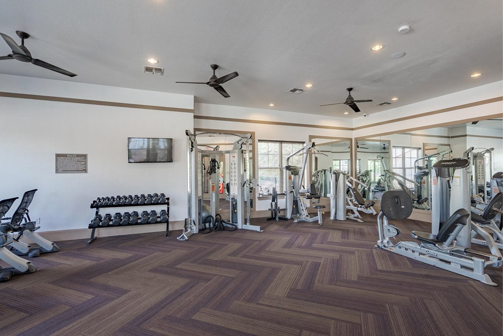 a gym with weights and cardio machines and ceiling fans