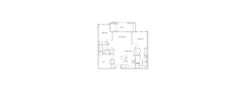 A floor plan of a house with a living room, dining area, kitchen, two bedrooms, a bathroom and a den.