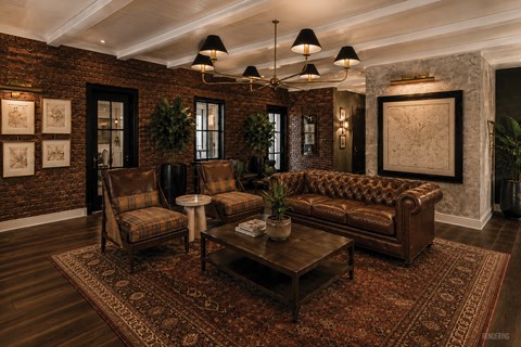 A living room with a brown leather couch, a brown coffee table, and a rug.
