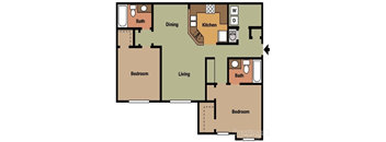 A floor plan of an apartment with two bedrooms, a living room, a dining area, a kitchen, and two bathrooms.