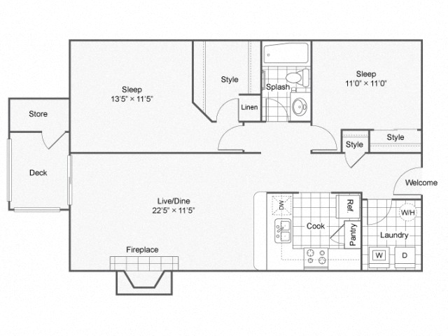 Deluxe 2 bed 1 bath 912 square feet floor plan