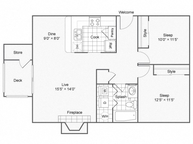 2 bed 1 bath 836 square feet floor plan