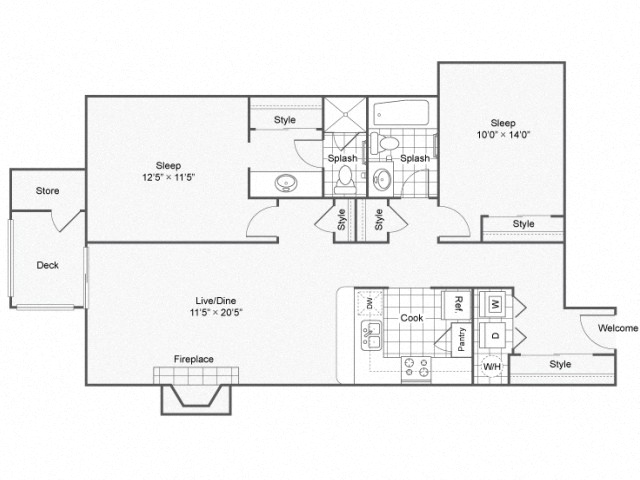 2 bed 2 bath 973 square feet floor plan