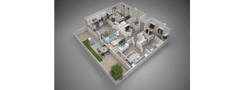 A 3D model of a house with a kitchen, living room, and bathroom.
