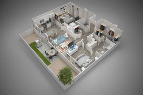 A 3D model of a house with a kitchen, living room, and bathroom.