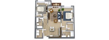 A floor plan of a house with a kitchen, living room, and two bedrooms.