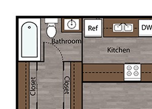 2 Bed - 2 Bath |860 sq ft Two Bedroom floorplan