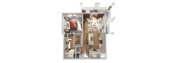 A top down view of a small apartment with a kitchen, living room, and bathroom.