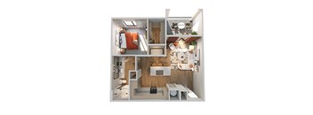 A 3D rendered image of a small apartment layout.