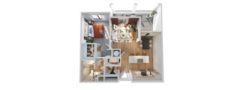 A top down view of a small apartment with a kitchen, living room, and bathroom.