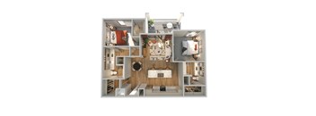A 3D floor plan of a small apartment with a kitchen, living room, and bathroom.