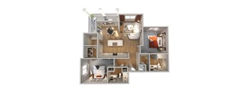 A 3D floor plan of a small apartment with a kitchen, living room, and two bedrooms.