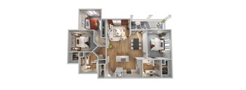 A 3D floor plan of a house with a kitchen, living room, and bedrooms.
