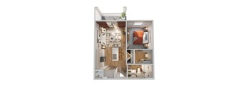 A 3D rendered image of a small apartment layout.