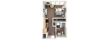 A 3D floor plan of a small apartment with a kitchen, living room, and bathroom.