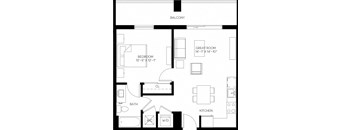 1 Bed 1 Bath 646 square feet floor plan A