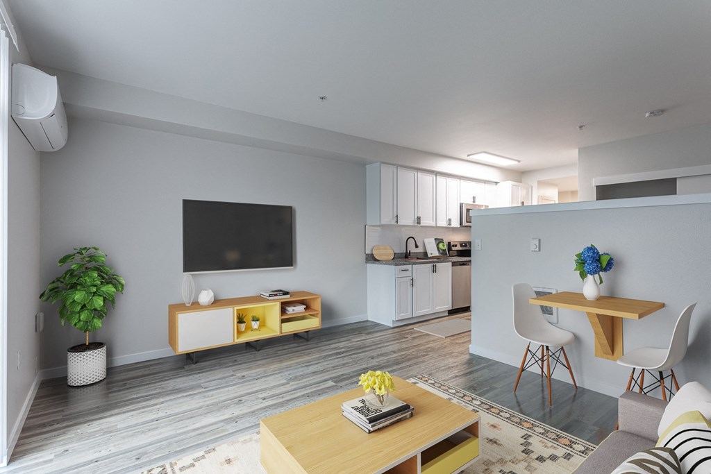 a view of the living room and kitchen in a 555 waverly unit