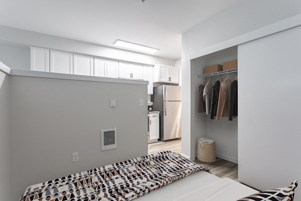 a bedroom with a bed and a closet