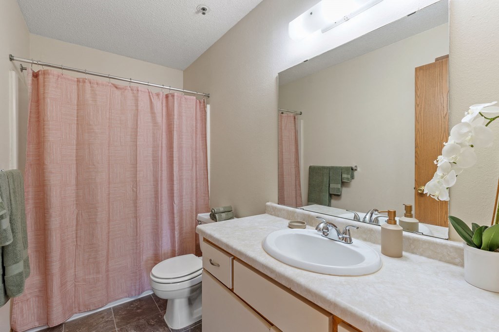 a bathroom with a pink shower curtain and a sink
