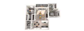 A 3D floor plan of a small apartment with a kitchen, living room, and bathroom.
