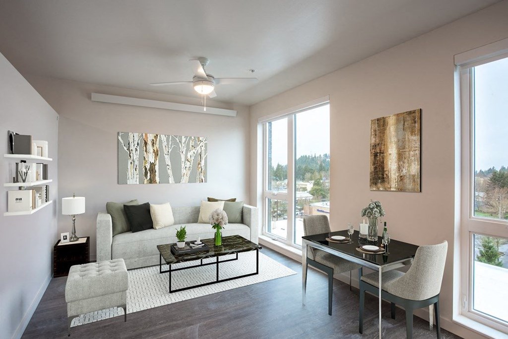a living room with a couch and a table