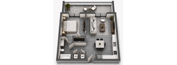Unit A one-bedroom apartment floor plan at MB Station apartments in Miami, FL featuring an open living and dining area, modern kitchen, spacious bedroom, full bathroom, and private balcony. Pet-friendly apartments near Coral Way, Silver Bluff, Coconut Grove, and Brickell.