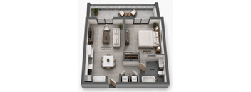 Unit A1 one-bedroom apartment floor plan at MB Station in Miami featuring a spacious great room, contemporary kitchen, private bedroom, full bath, and outdoor living space. Pet-friendly apartments for rent near Coral Way and The Roads.