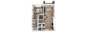 101 Depot, Smyrna, TN apartments, 1 b, 1 b a 3d rendering of a floor plan with a bedroom and living room