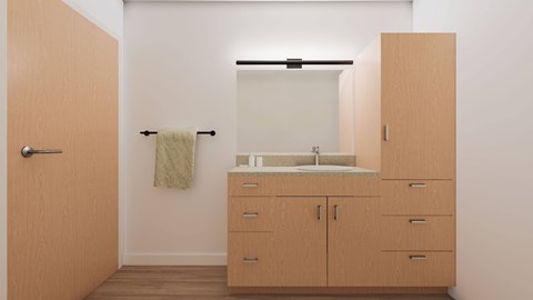 A bathroom with a sink, mirror, and wooden cabinets.