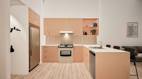 A modern kitchen with wooden cabinets and stainless steel appliances.