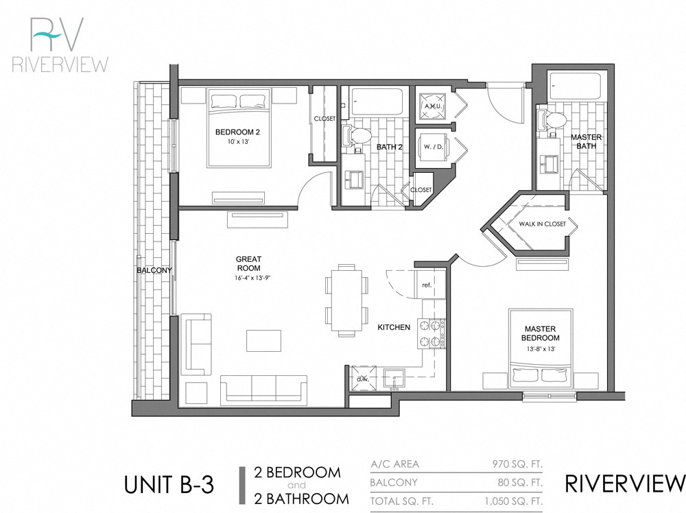 2 Bed - 2 Bath |970 sq ft floorplan