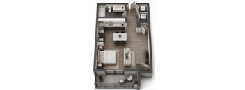 Unit S1 studio apartment floor plan at MB Station in Miami, FL featuring an open-concept living area, modern kitchen, full bathroom, and private outdoor space. Pet-friendly studio apartments near Coral Way, Shenandoah, The Roads, and Downtown Miami.