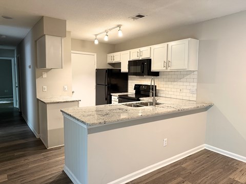 A kitchen with a granite countertop and black appliances.
