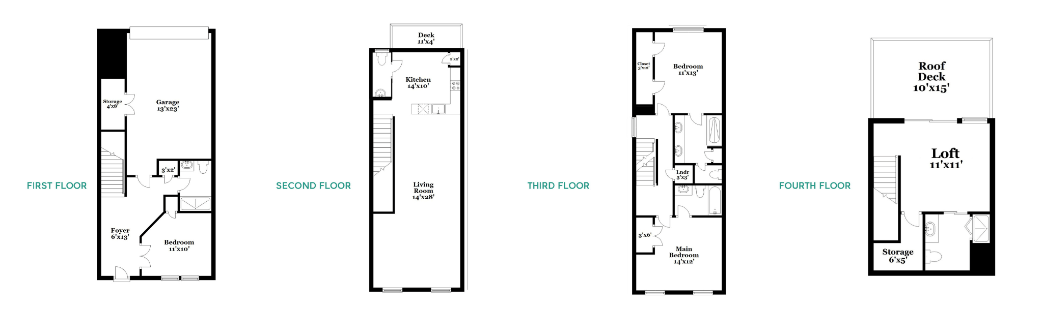a group of four floor plans of a house
