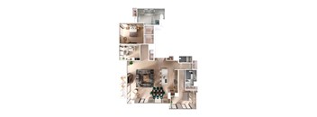 A floor plan of a house with a kitchen, living room, and dining area.
