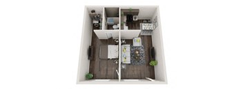 an open floor plan with a bedroom and a living room