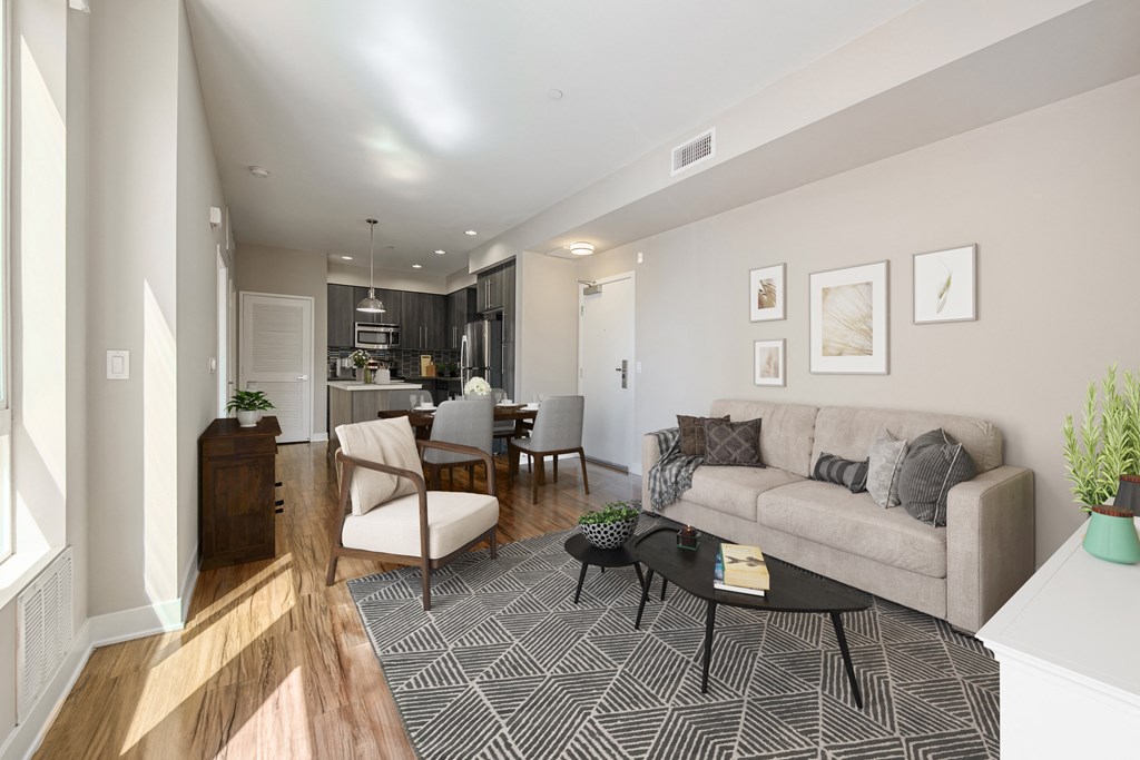 A living room with a grey couch and a black and white rug.