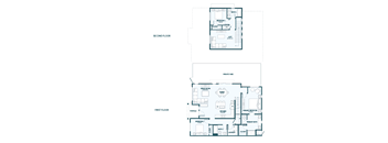 A floor plan of a house with two floors, a second floor with a bedroom and bathroom, and a first floor with a living room, kitchen, and bathroom.