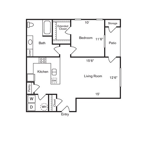 A floor plan of a house with a living room, kitchen, bathroom, and bedroom.