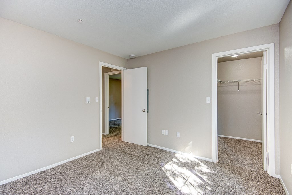 a bedroom with a carpeted floor and an open door to a closet