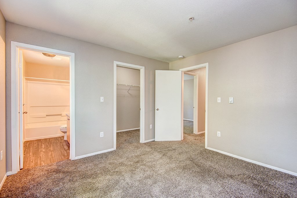 a bedroom with two closets and a toilet