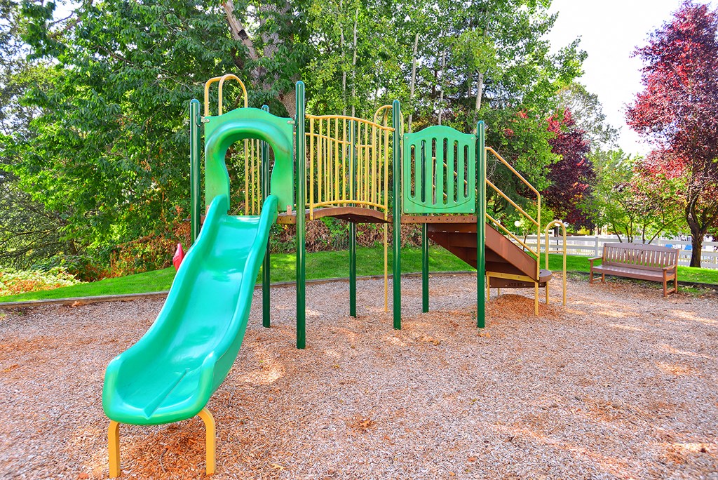 a playground with a slide and swings